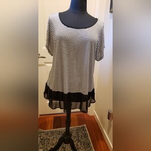 Black and White Striped Women's Tunic Length Top